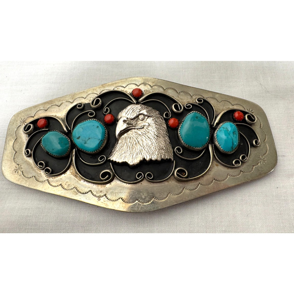 LARGE Native American Belt Buckle Raised Eagle Head Turquoise Coral Silver Tone - Picture 1 of 8